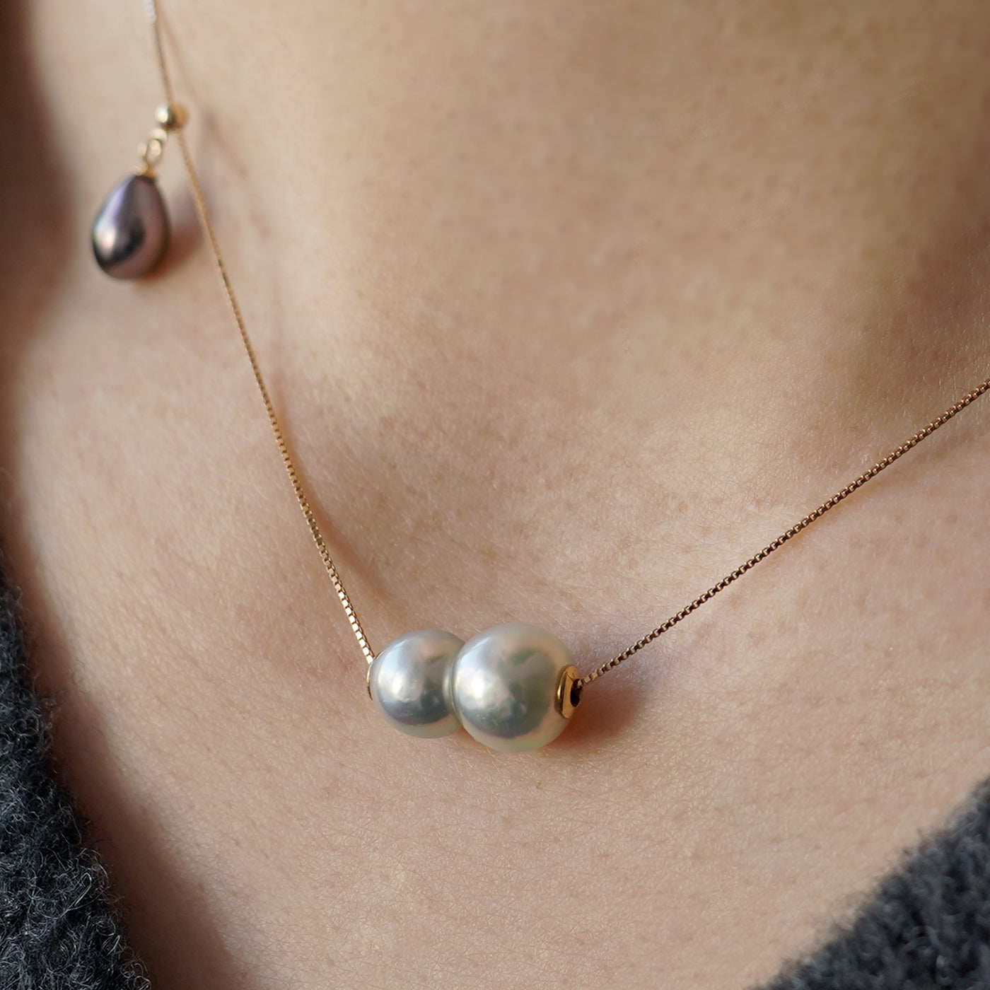Wandering Pearl Chain Necklace - Twin Akoya & Tahitian Keshi