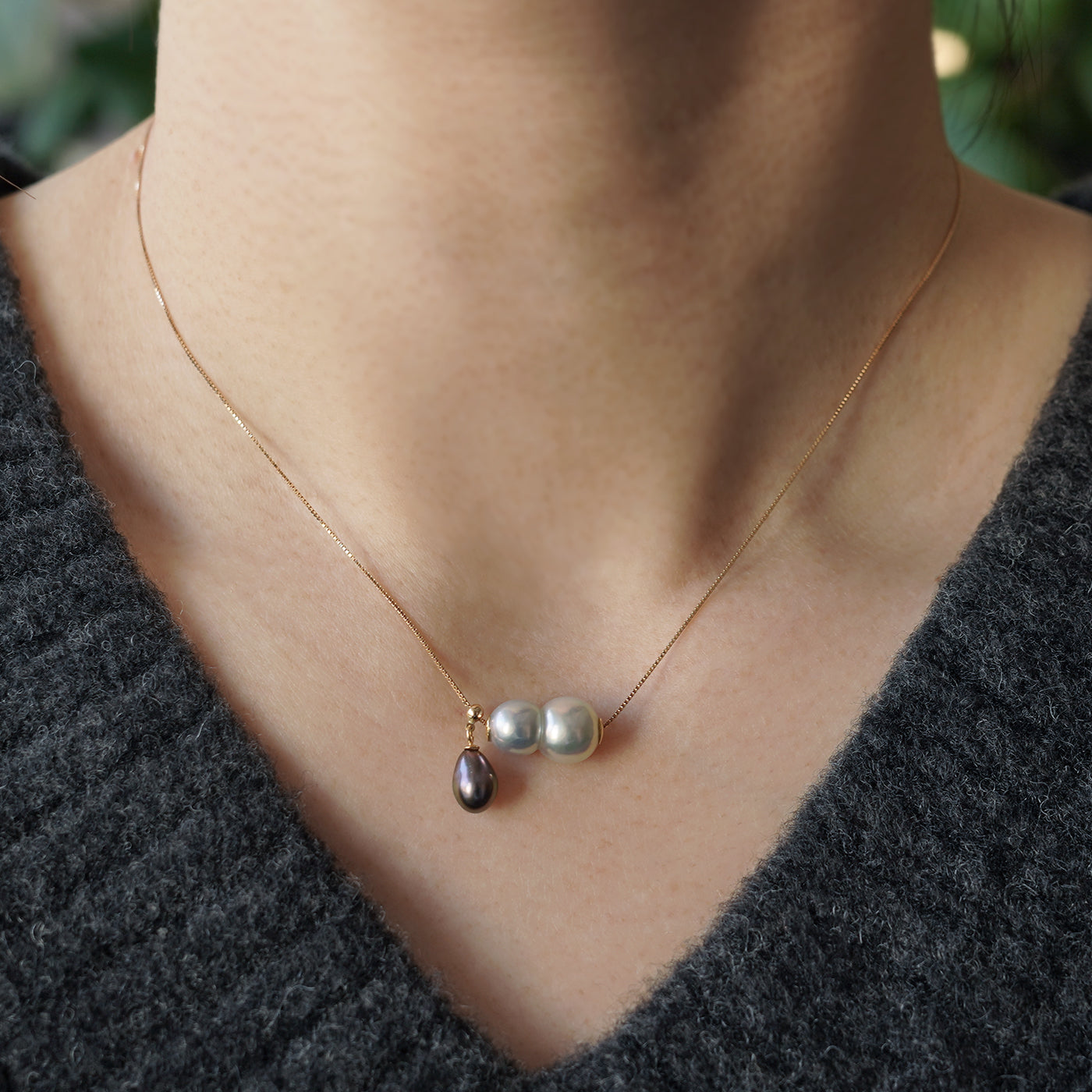 Wandering Pearl Chain Necklace - Twin Akoya & Tahitian Keshi