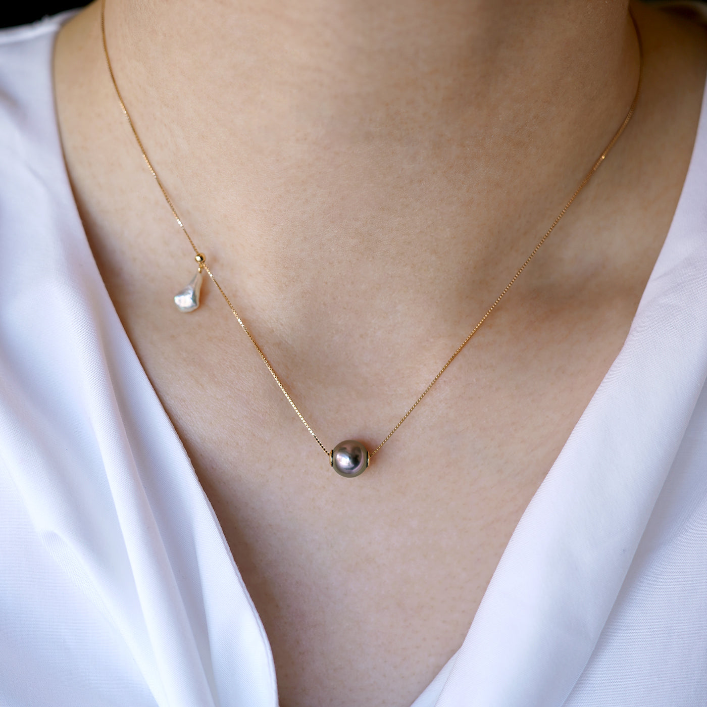 Wandering Pearl Chain Necklace - Tahitian & Akoya Keshi