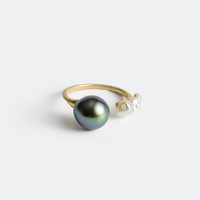 Flowing Open Ring ＜ Luxe ＞ - Tahitian Pearl & Akoya Keshi