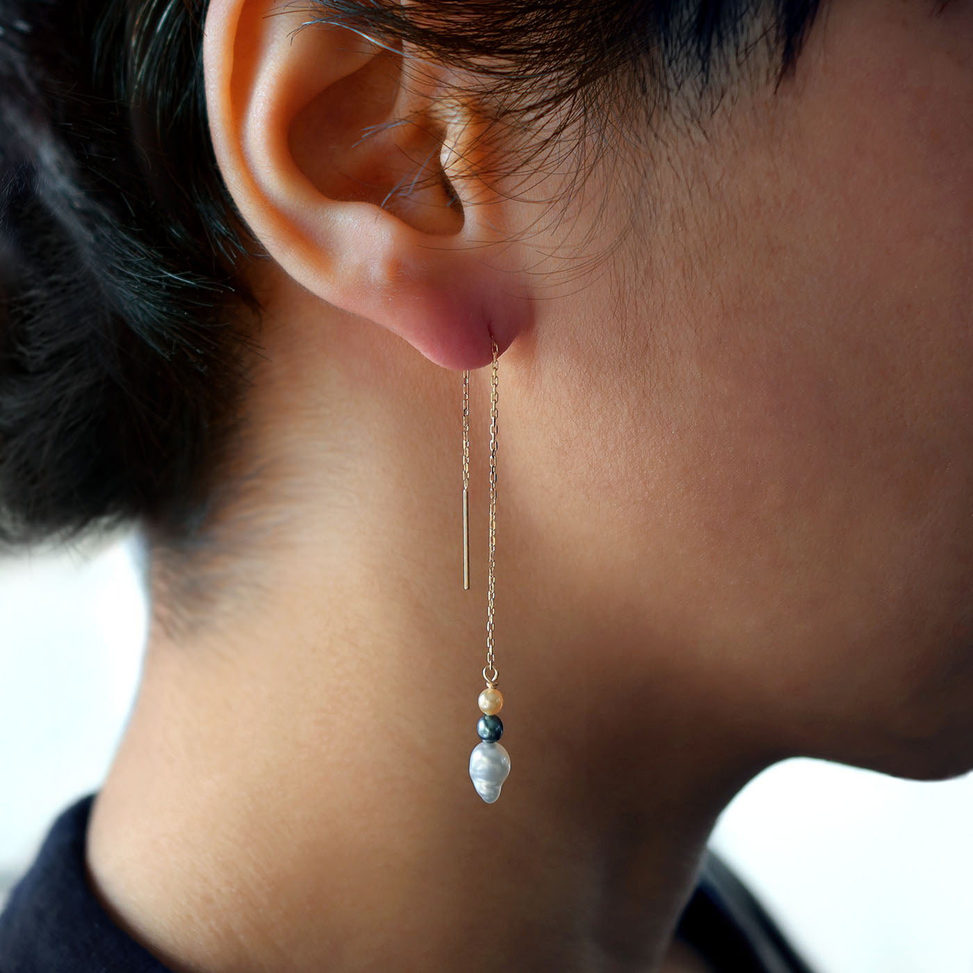Three-Color Keshi Pearl Chain Earrings - 18K YG